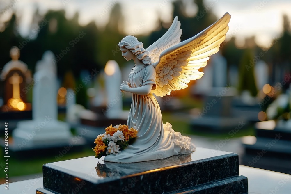 Poster Minimalist angel standing over a single grave, with soft light illuminating the figure, creating a serene and simple atmosphere