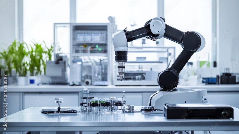 Poster An advanced robotic system performing detailed environmental analysis in a high-tech lab, clean and innovative environment with a focus on environmental science, Environmental style