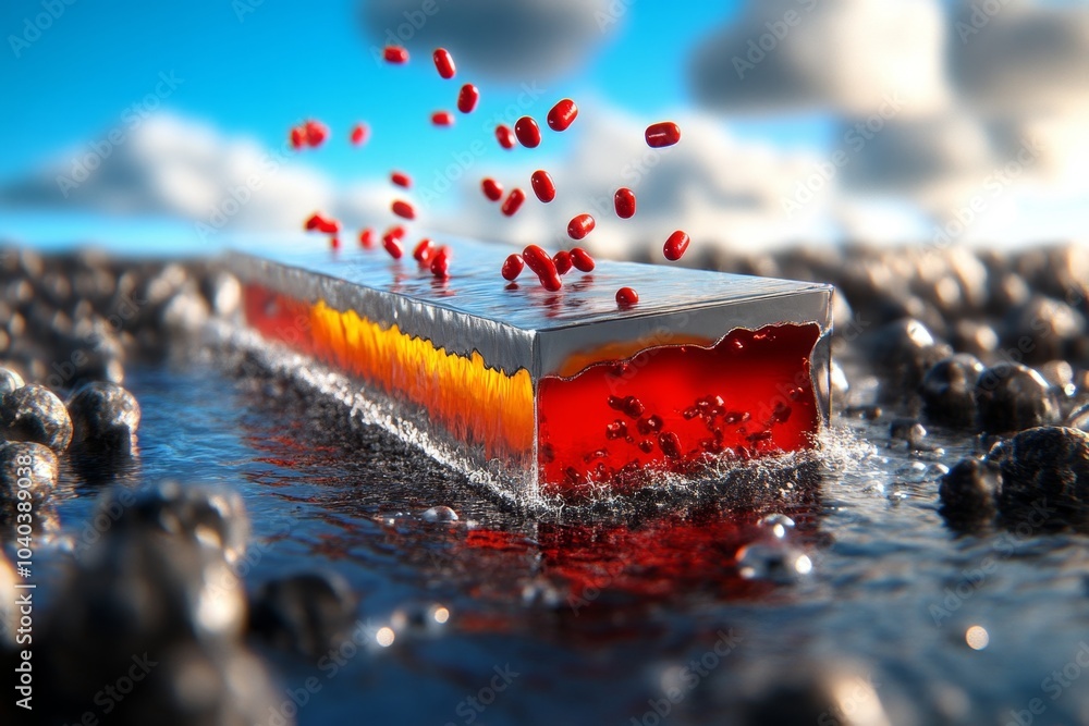 Poster minimalist depiction of a single ion channel in a cell membrane, with clean lines showing the moveme