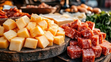 A rustic display features an assortment of cheese cubes and salami neatly arranged on a wooden board, highlighting a delightful blend of flavors and textures.