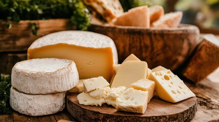 An inviting arrangement of assorted cheeses on a rustic wooden background, ideal for a culinary journey emphasizing quality, craftsmanship, and taste exploration.