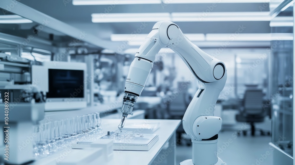 Poster An advanced robotic system performing detailed environmental analysis in a high-tech lab, clean and innovative environment with a focus on environmental science, Environmental style