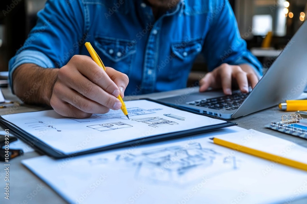 Poster minimalist mechanical engineer at a desk, sketching machine designs with simple lines and shapes to 
