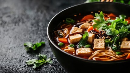 A bowl of flavorful soup featuring tofu, noodles, vibrant vegetables, and fresh herbs, beautifully presented with a dark, textured background.