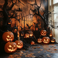 halloween background with pumpkin and bats, Generative AI	
