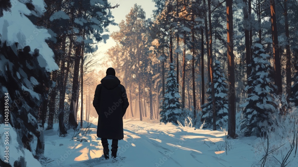 Poster a solitary figure wanders along a snowy path in a dense forest, surrounded by tall trees blanketed i
