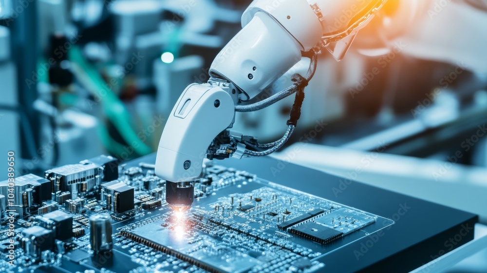 Leinwandbilder An advanced robotic system performing precision soldering in a clean electronics workshop, high-tech and meticulous environment with a focus on electronics fabrication, Technical style