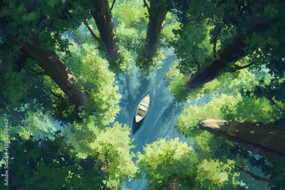 Sticker a painting of a boat in a river surrounded by trees