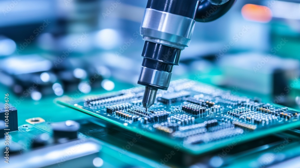 Poster An advanced robotic system performing precision soldering in a clean electronics workshop, high-tech and meticulous environment with a focus on electronics fabrication, Technical style