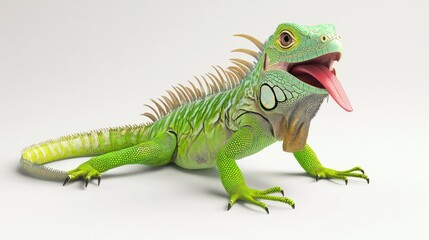 Green iguana with its tongue sticking out, isolated on white background.
