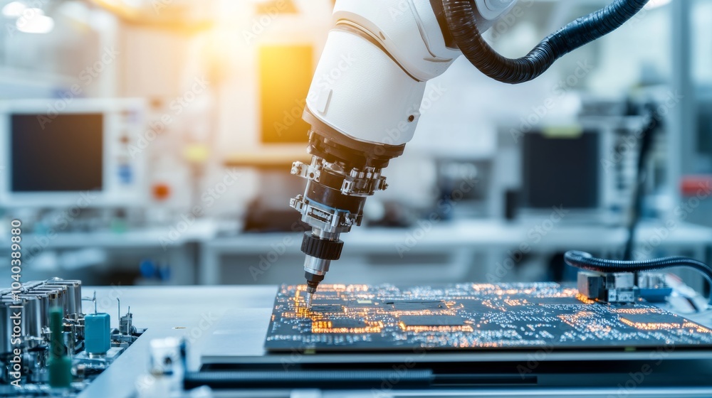 Leinwandbilder An advanced robotic system performing precision soldering in a clean electronics workshop, high-tech and meticulous environment with a focus on electronics fabrication, Technical style