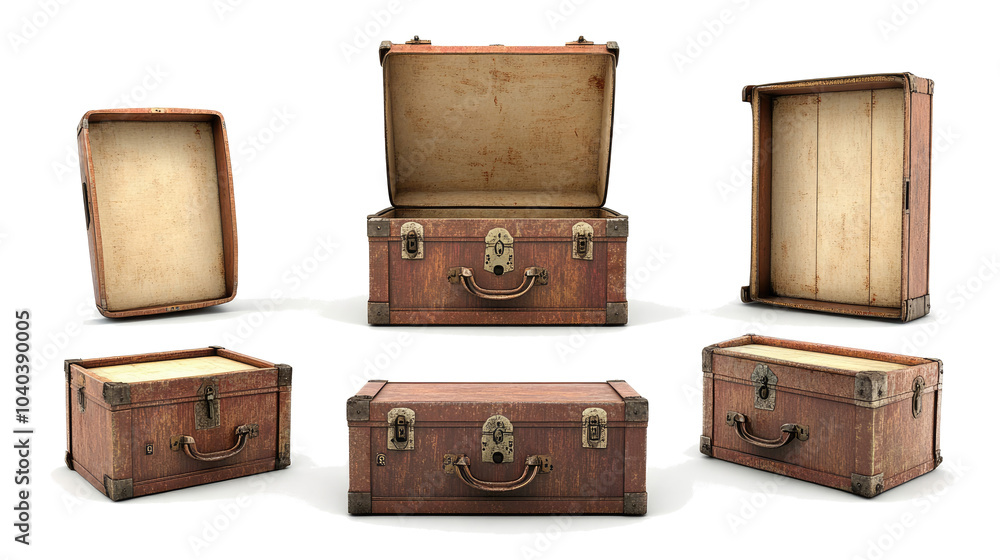 Poster set of old empty trunks with open lids on a transparent background generative ai