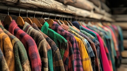 A colorful assortment of plaid shirts displayed on wooden hangers within a rustic setting, showcasing style, comfort, and the textures of autumn fashion.