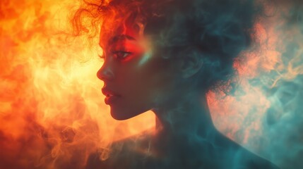 This captivating image captures the duality of fire and ice, with vibrant orange flames on the left and cool blue smoke on the right, framing the enigmatic silhouette of a woman in the center.