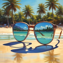 Illustration of summer vacation reflected in sunglasses.