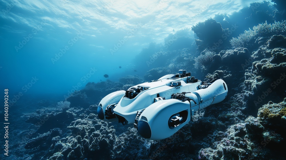 Poster an advanced robotic vehicle exploring an underwater research environment, clean and innovative setti