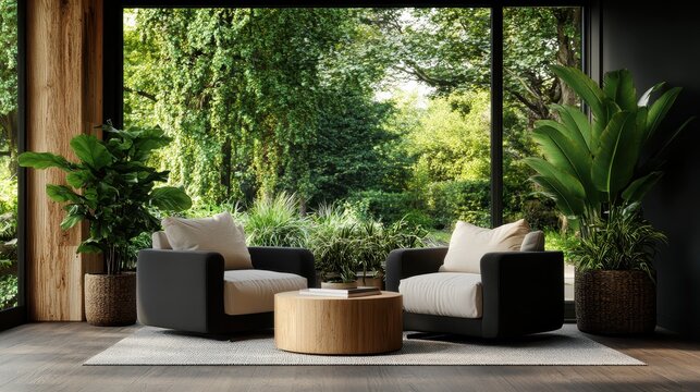 A modern interior with two comfortable black armchairs, a round wooden table, and lush green plants, offers a relaxing view of a vibrant garden through a large window.