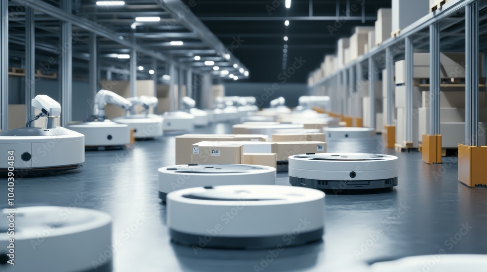 Leinwandbilder an advanced robotic warehouse system with automated robots handling packages, clean and organized lo