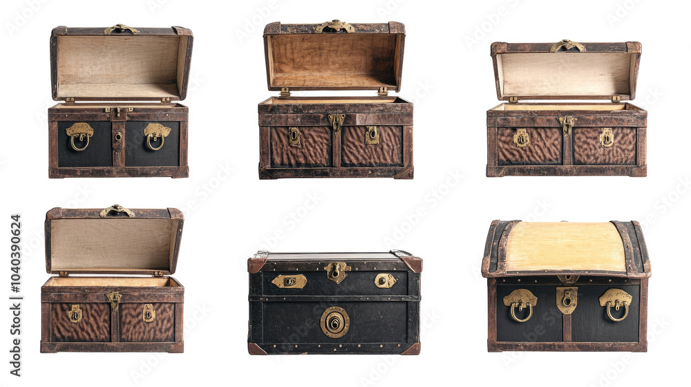 Poster empty old trunks with open lids isolated on a transparent background generative ai