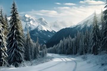 Fototapeta premium Winter mountains forest landscape outdoors.