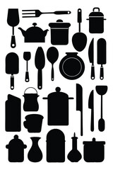 Fototapeta premium A comprehensive silhouette vector collection of essential kitchen tools, featuring cookware and utensils. Ideal for culinary projects, restaurant branding, or modern minimalist kitchen designs.