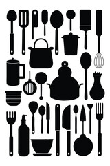 A comprehensive silhouette vector collection of essential kitchen tools, featuring cookware and utensils. Ideal for culinary projects, restaurant branding, or modern minimalist kitchen designs.
