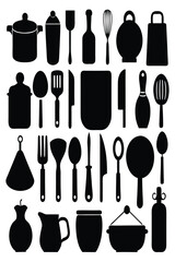 A comprehensive silhouette vector collection of essential kitchen tools, featuring cookware and utensils. Ideal for culinary projects, restaurant branding, or modern minimalist kitchen designs.