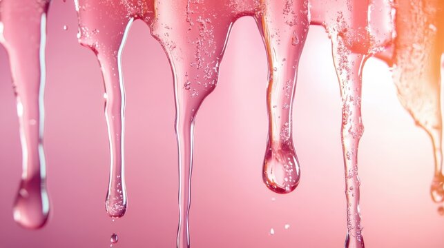 Soft pink and clear liquid drips create a captivating pattern on a gradient backdrop, embodying serenity and artistic flair with a modern and sophisticated appeal.