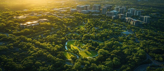 Naklejka premium Aerial view of a city park with buildings in the background. The park has a winding path through the trees and grass, and there are buildings in the background.