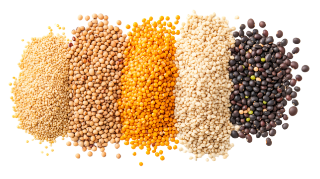 variety of seeds and grains isolated on white background, cut out