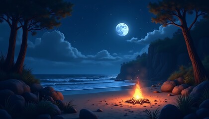 Moonlit Serenity: Campfire by the Beach under a Starry Sky