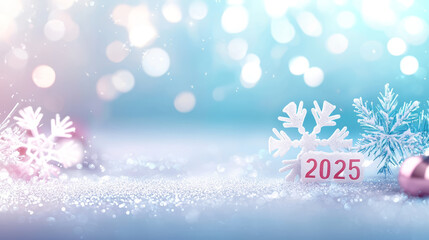New Year design with the number 2025 and thin snowflakes on a blue background.