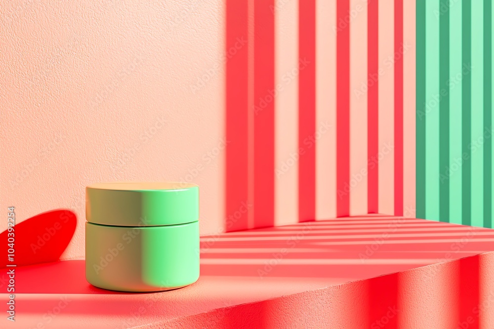 Poster stylish green container on vibrant striped background showcasing modern design and color harmony in 