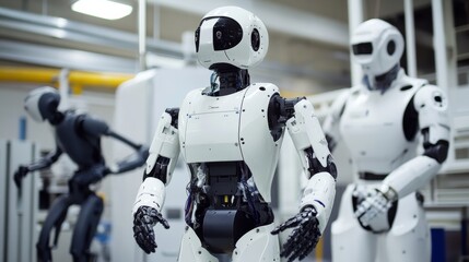 An advanced robotics research facility with humanoid robots and AI-powered assistants, Industrial style, photo of