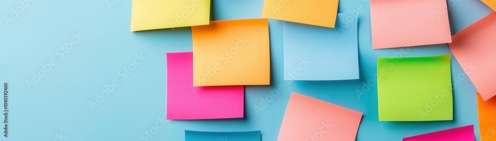 Poster a colorful arrangement of sticky notes on a blue background, showcasing various vibrant hues and add