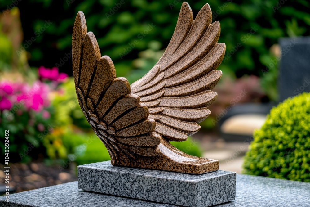Poster single angel wing sculpture placed at the head of a grave, with clean lines and soft shadows on a pl