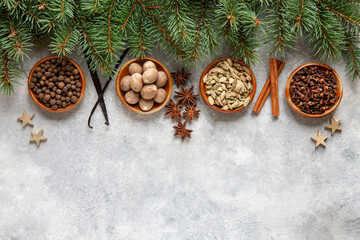 Top view of traditional aromatic and fragrant Christmas spices
