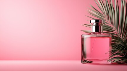 A sophisticated perfume bottle sits beside tropical leaves against a soft pink background, embodying luxury, tranquility, and the essence of exotic allure.