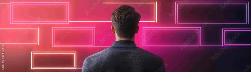 Poster a person stands facing a vibrant abstract wall with illuminated rectangular shapes, creating a moder