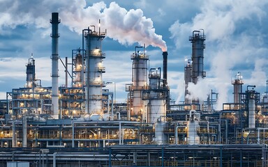 Fototapeta premium Industrial Complex: A sprawling industrial complex with towering smokestacks spewing plumes of smoke into the twilight sky. The scene evokes a sense of both power and environmental concern.