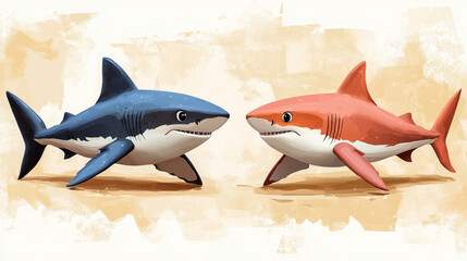 Naklejka premium Cartoon Illustration of a Playful Shark in the Sea - Colorful Fish Underwater Scene