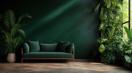 An elegant room featuring a cool green sofa and an abundance of lush plants, creating a tranquil, harmonious atmosphere filled with style and natural beauty.