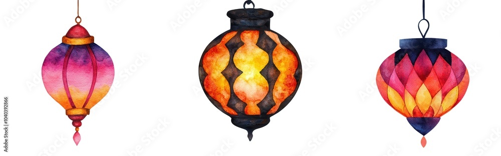 Poster colorful hanging lanterns in various styles, showcasing vibrant designs and patterns that add charm 