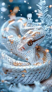 Video of white snake with gold stripes on its body is curled up in the snow. Snake - 2025 symbol.