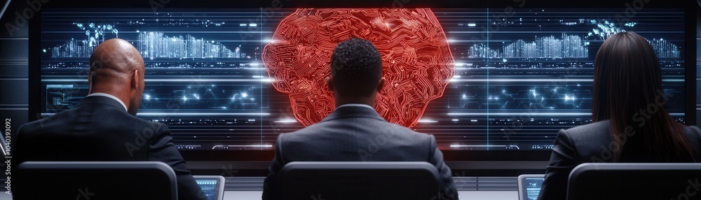 Poster three individuals observe a vibrant red digital display, likely showcasing data or analytics in a hi