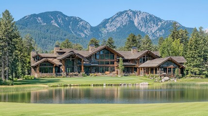 A luxurious log cabin with a lake and mountain views in the background.