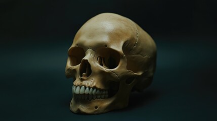 Obraz premium Human skull on a dark surface.