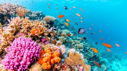 Obraz premium Vibrant coral reef teeming with colorful fish in a clear blue ocean.