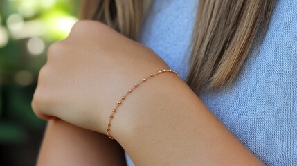 Delicate gold bracelet worn on a woman's wrist in natural light