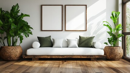 A minimalist living room design showcases a white sofa accented with green cushions, framed by large plant pots, capturing serenity and modern simplicity.